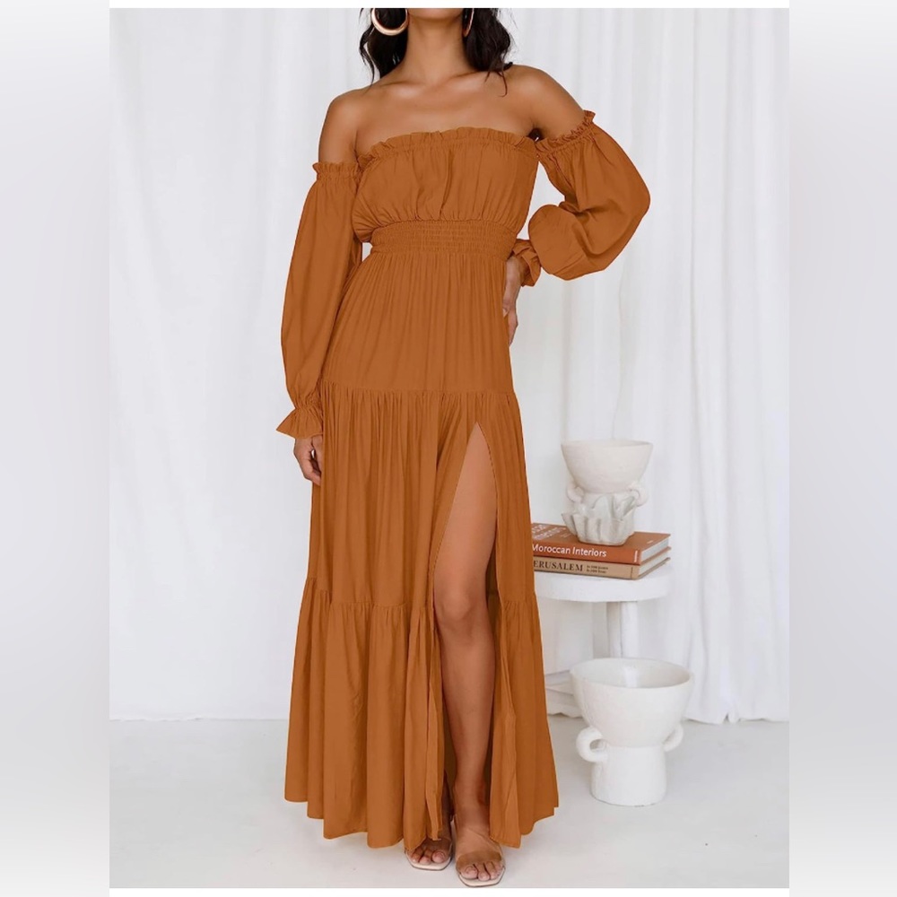 ❤️NWT Caramel Boho Sexy Off Shoulder Long Sleeve Tiered Long Maxi Dress Sz Small